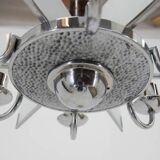 Six-Arm Art Deco Chandelier in Chrome and Sandblasted Glass, 1940s