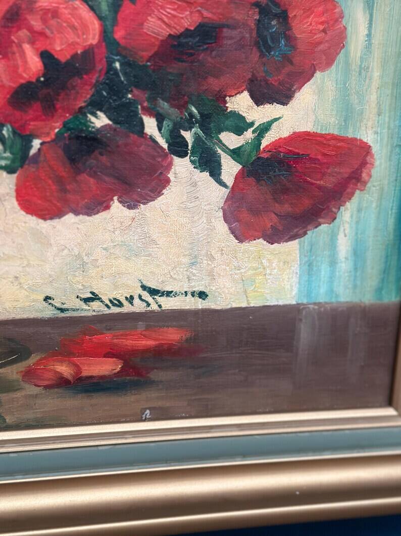 Original Swedish Oil on Canvas – "Red Poppies in a Blue Vase" by C. Horst – Signed – Vintage and Framed – 72 × 62 cm (28.3" × 24.4")