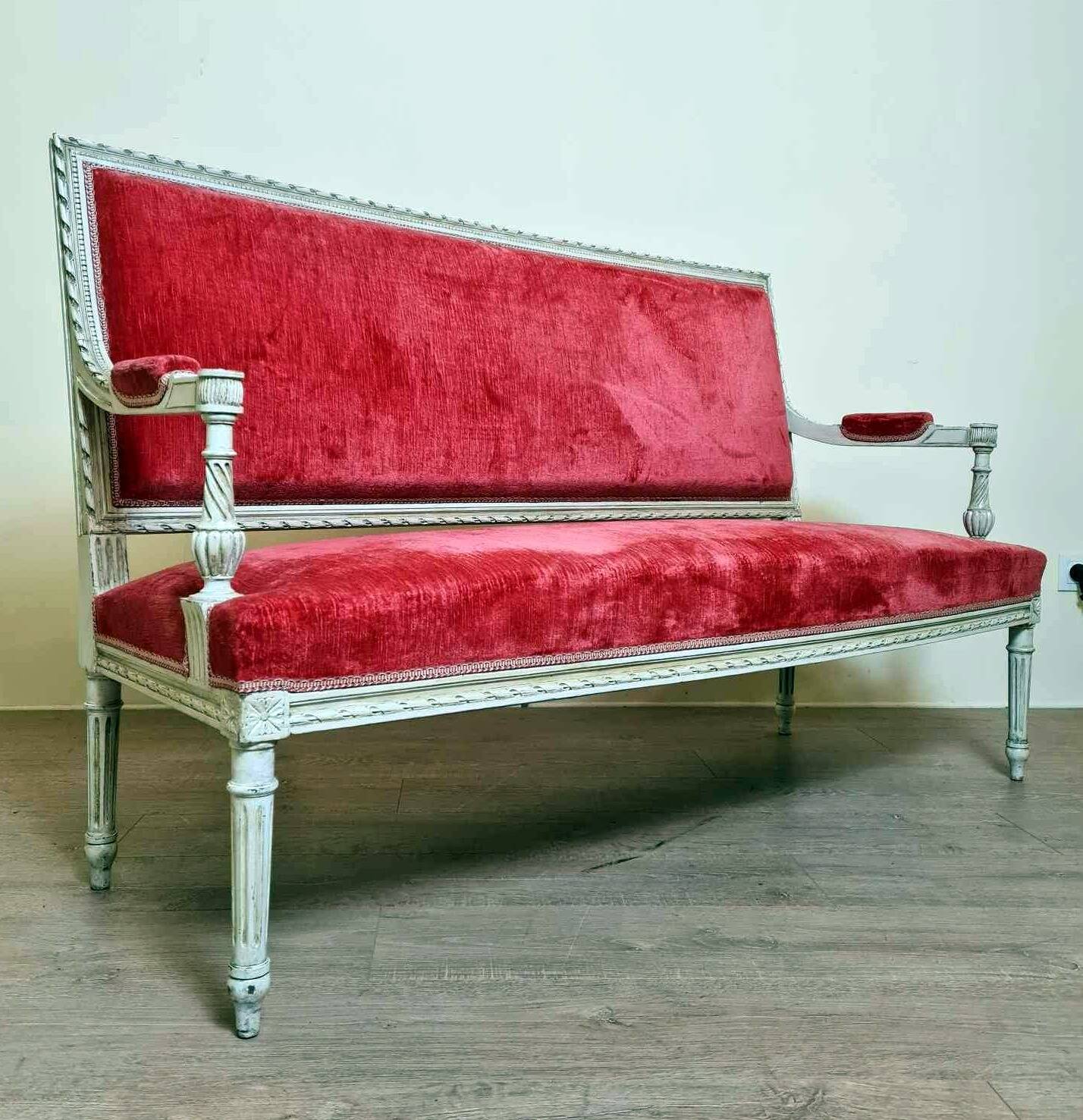 Magnificent Louis XVI 3-seater bench in lacquered wood