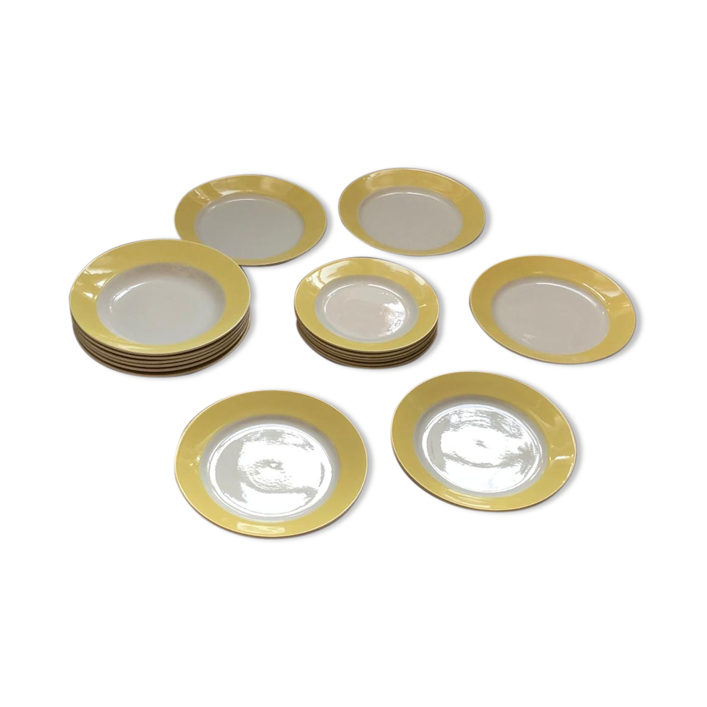 Vintage 1960s crockery service, wide yellow-brimed