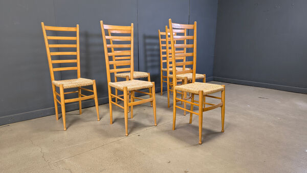 Ensemble de 6 chaises en bois de hêtre à dossier échelle italiennes, années 1970.