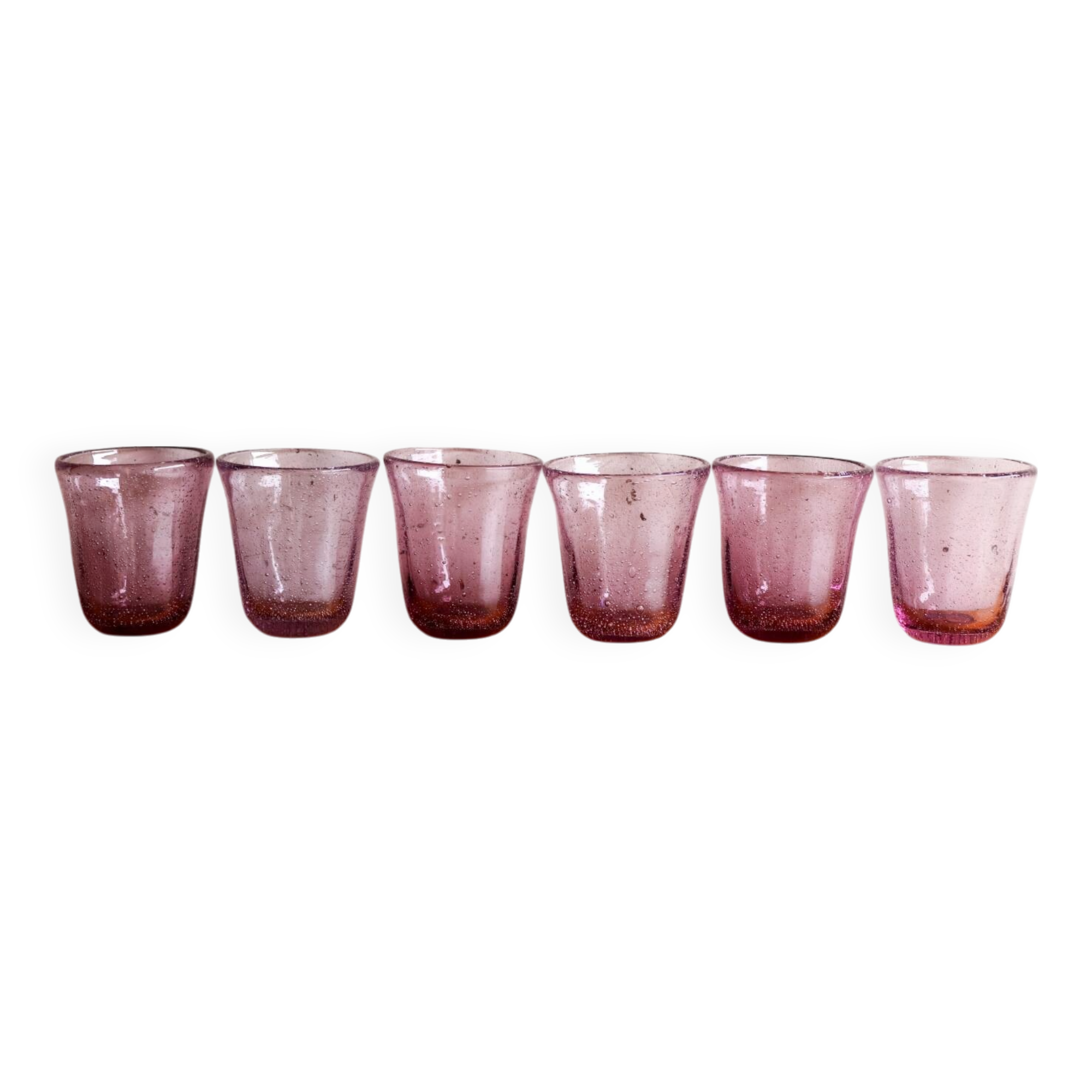 6 purple Biot bubble blown water glasses