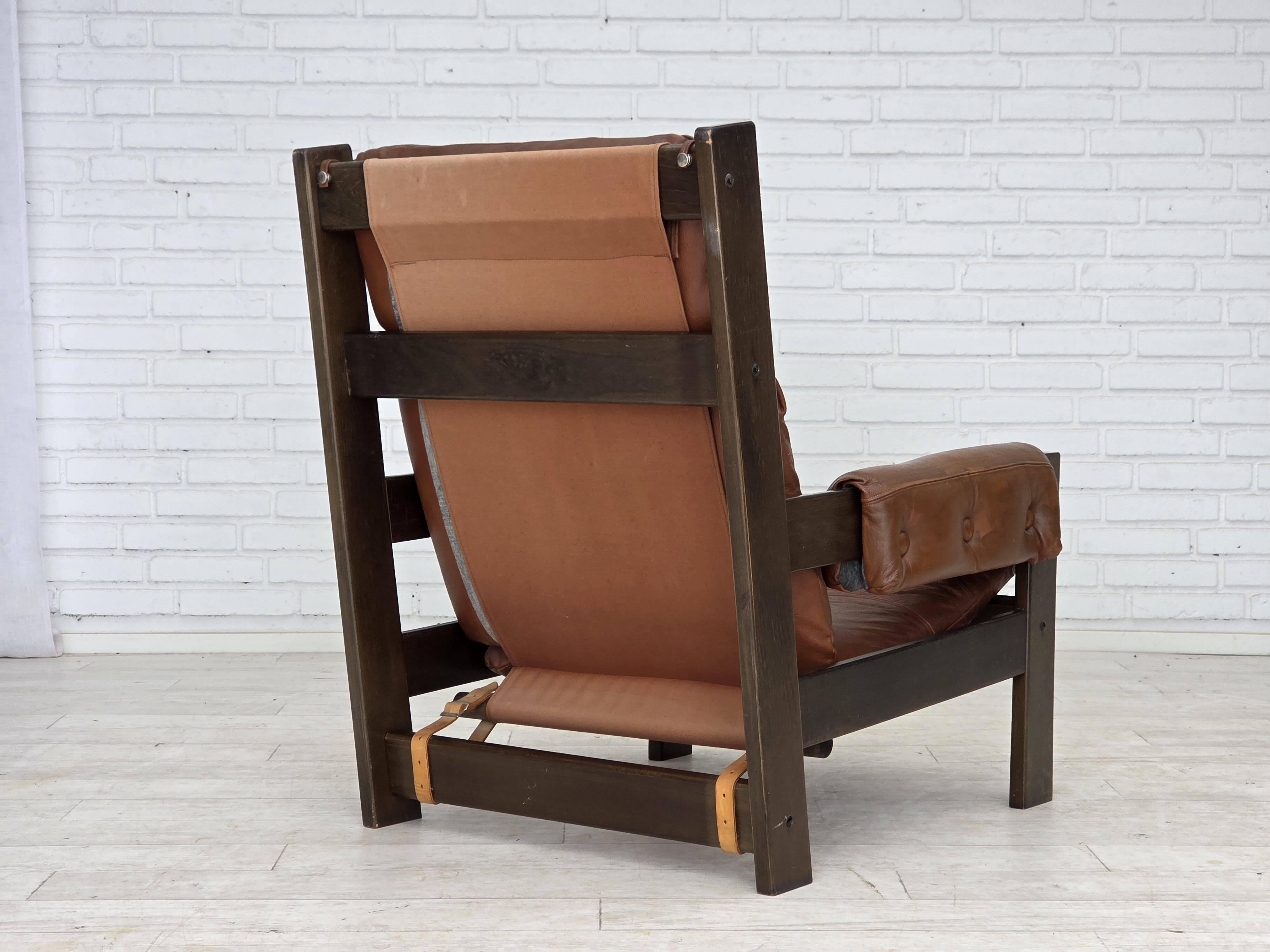 1970s, Scandinavian armchair, furniture leather, canvas, oak wood.