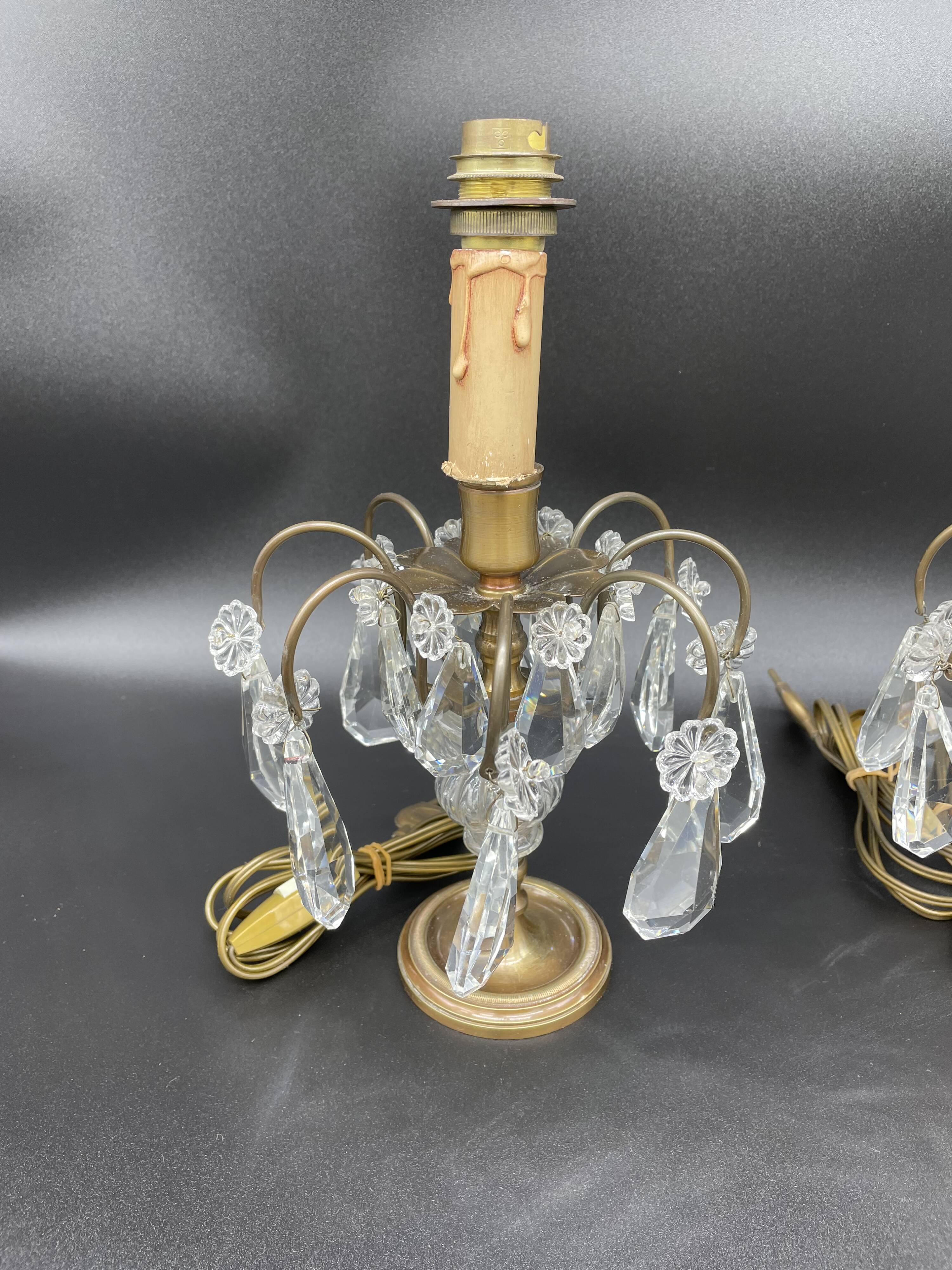 Antique, pair girandoles, candle holders, gilded brass, tassels, glass, drops, florets, 1 burner