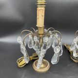 Antique, pair girandoles, candle holders, gilded brass, tassels, glass, drops, florets, 1 burner