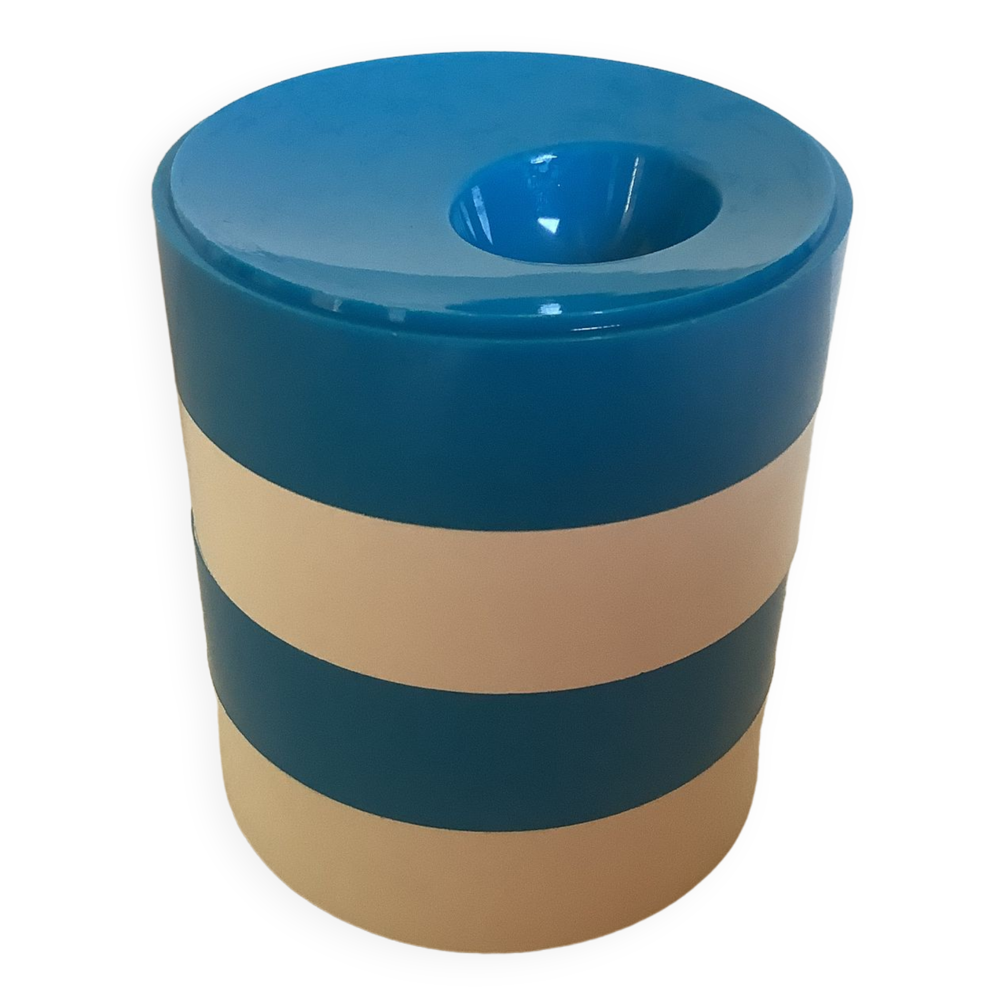 Four round blue and white egg cups from the 1970s.