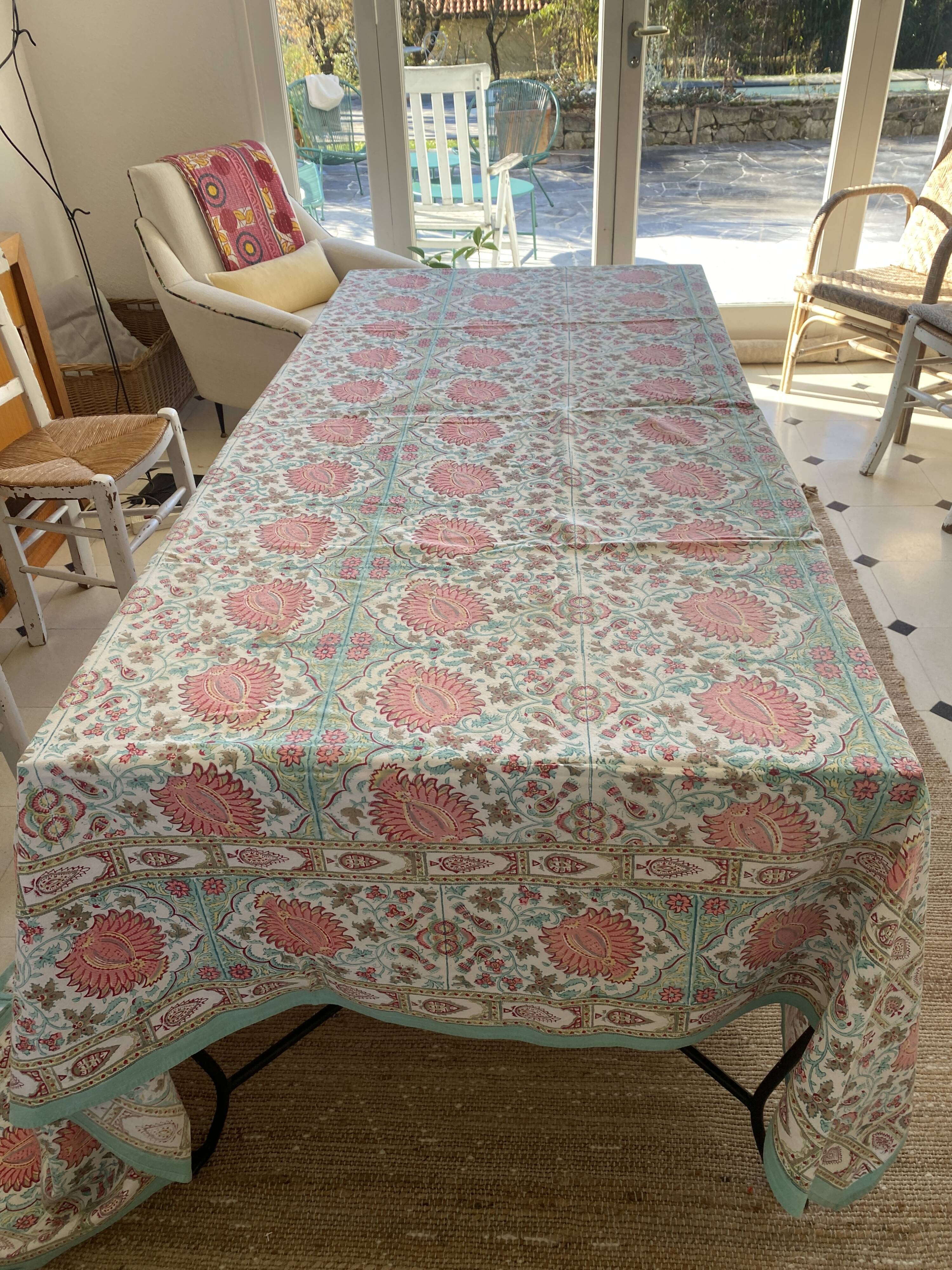 Grande nappe "Simrane" - Imprimé - Framboise et turquoise - 240x350cm