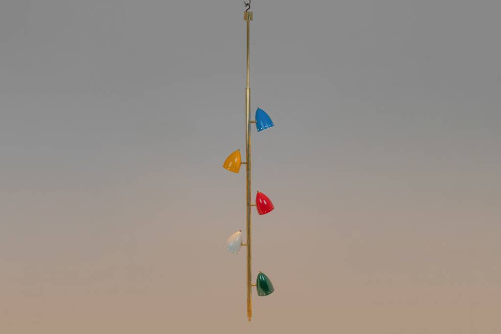 Tubular pendant light in patinated and lacquered brass. Contemporary