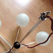 Six-light chrome metal chandelier and opaque glass globes / vintage 60s and 70s