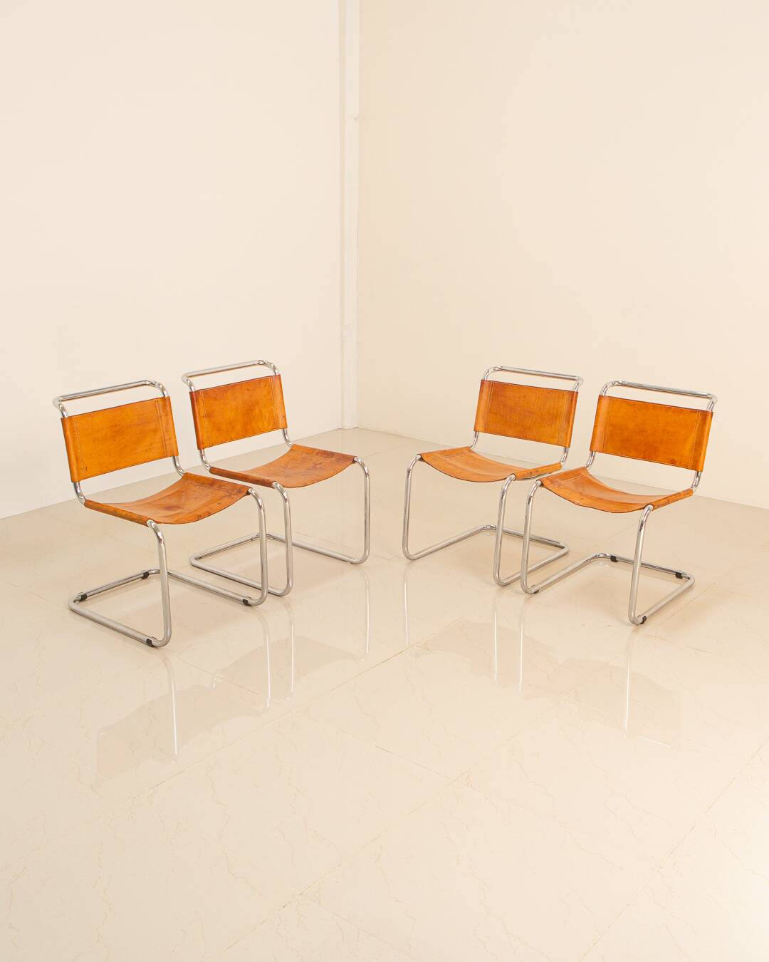 4 "S33" cognac leather chairs by Mart Stam for Fasem 80's