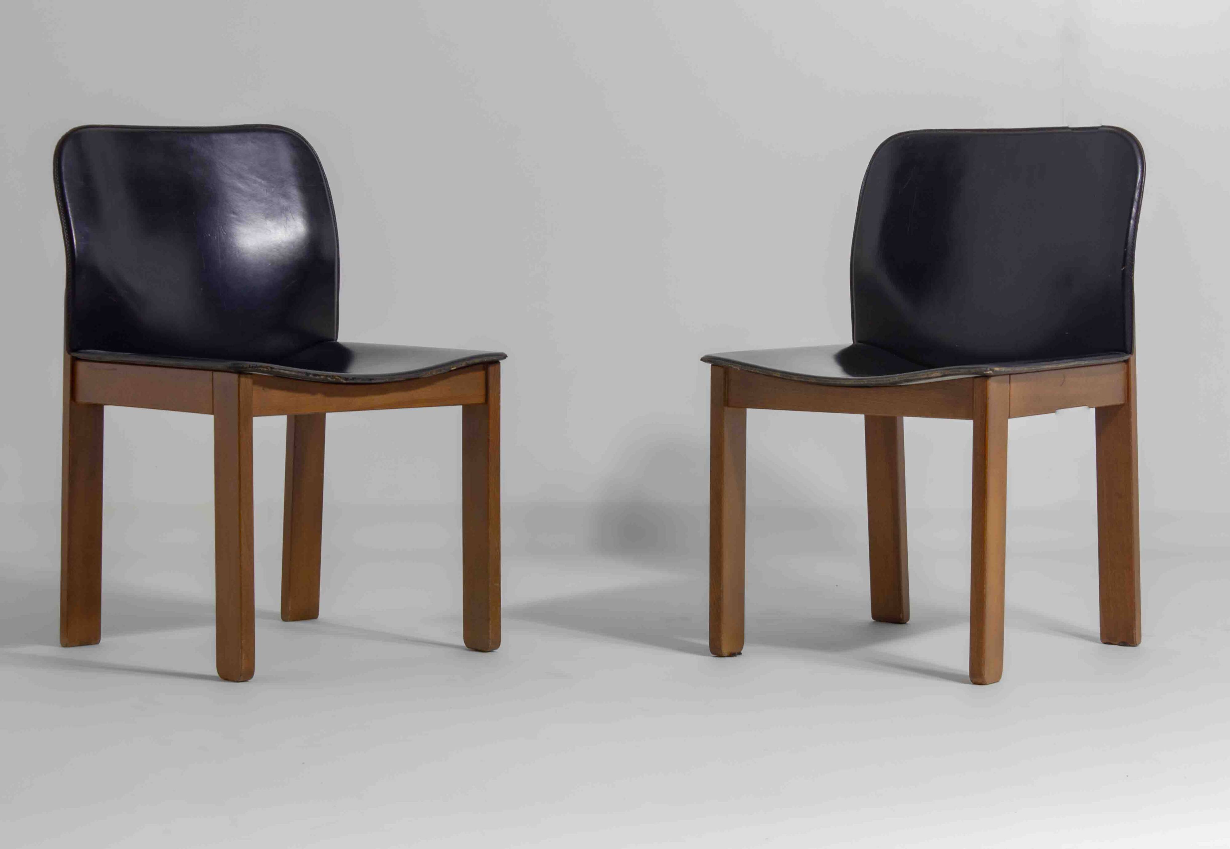 Set of 6 black leather dining chairs by Afra & Tobia Scarpa, 1970's