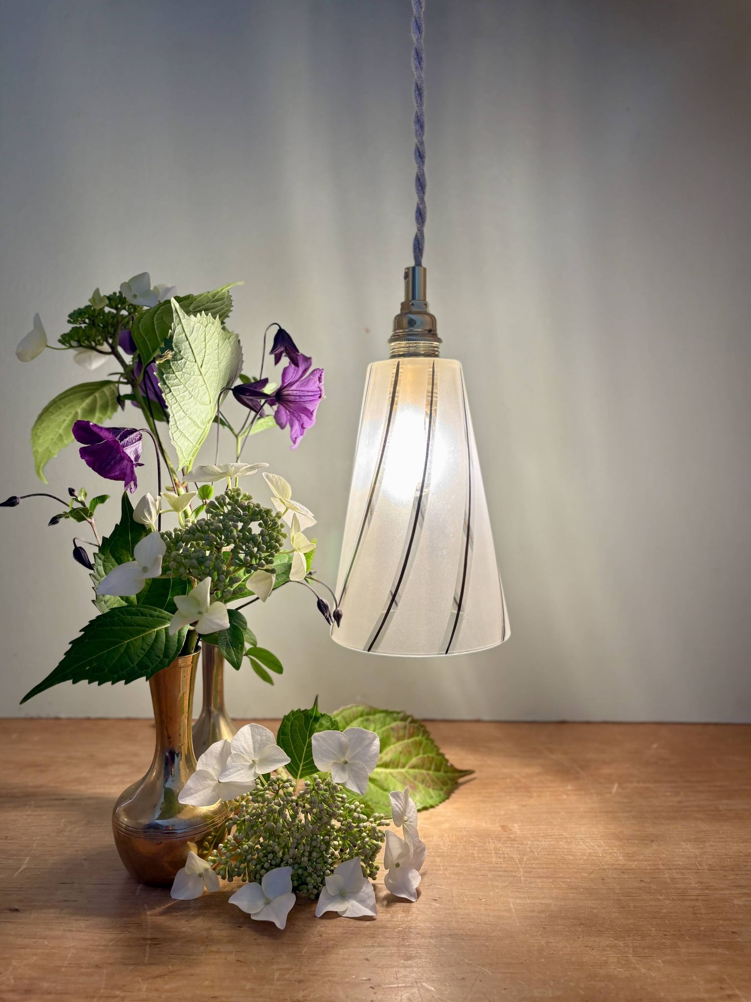 Vintage tulip pendant light in white frosted glass and gold trim