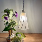 Vintage tulip pendant light in white frosted glass and gold trim