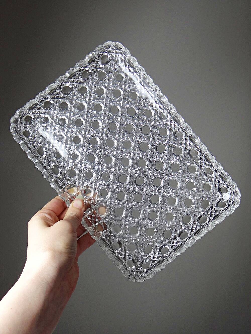 6 small vintage/antique pressed glass mugs and tray, art deco style