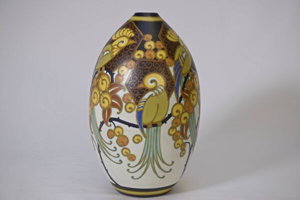 Vase en porcelaine art déco keramis signé jan wind ''oiseaux de paradis