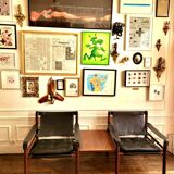 Set of 2 armchairs and their Sirocco Safari Chair tablet in black leather Elmo from 1964.