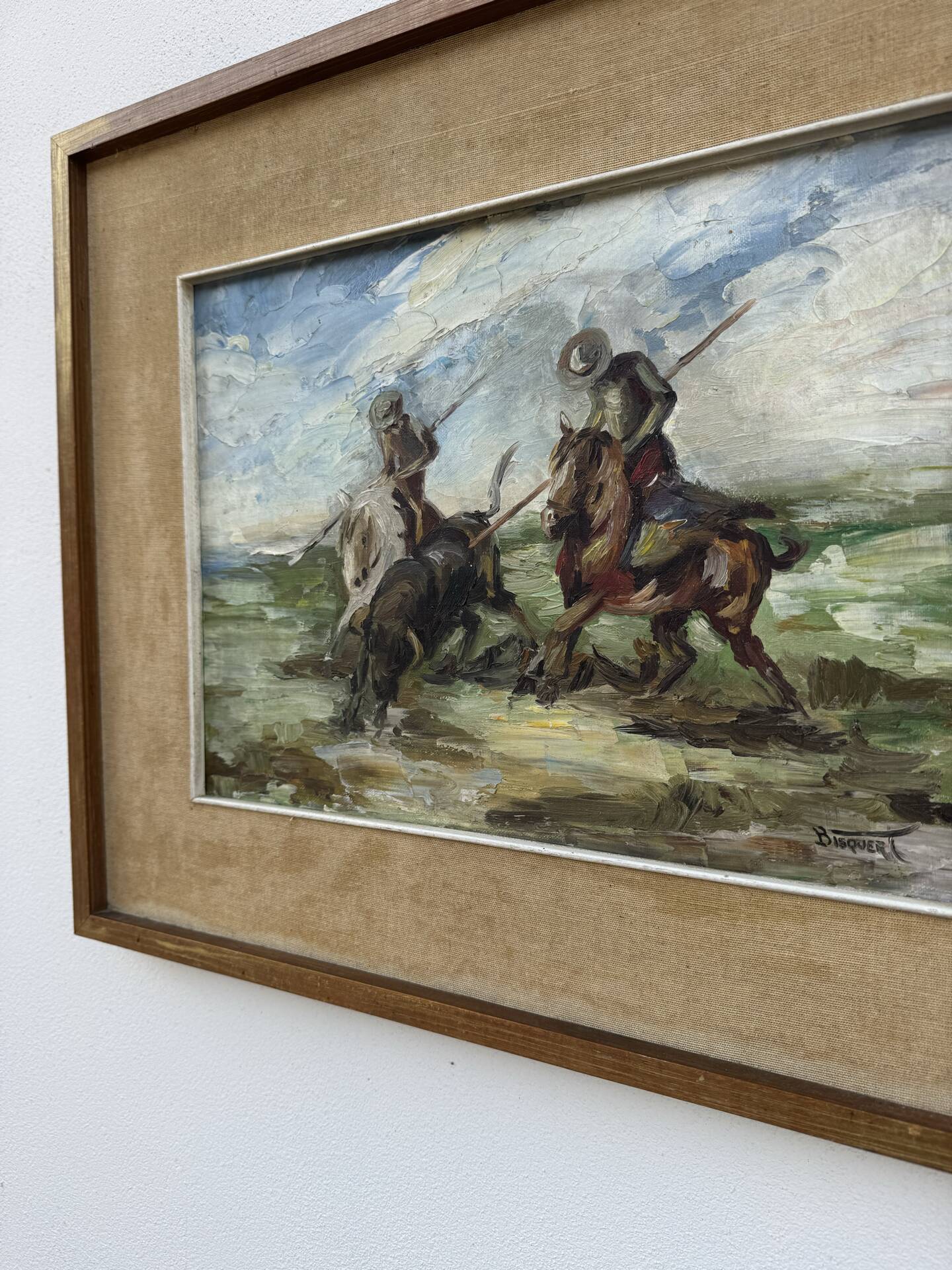 Tableau huile scène camarguaise 20ème