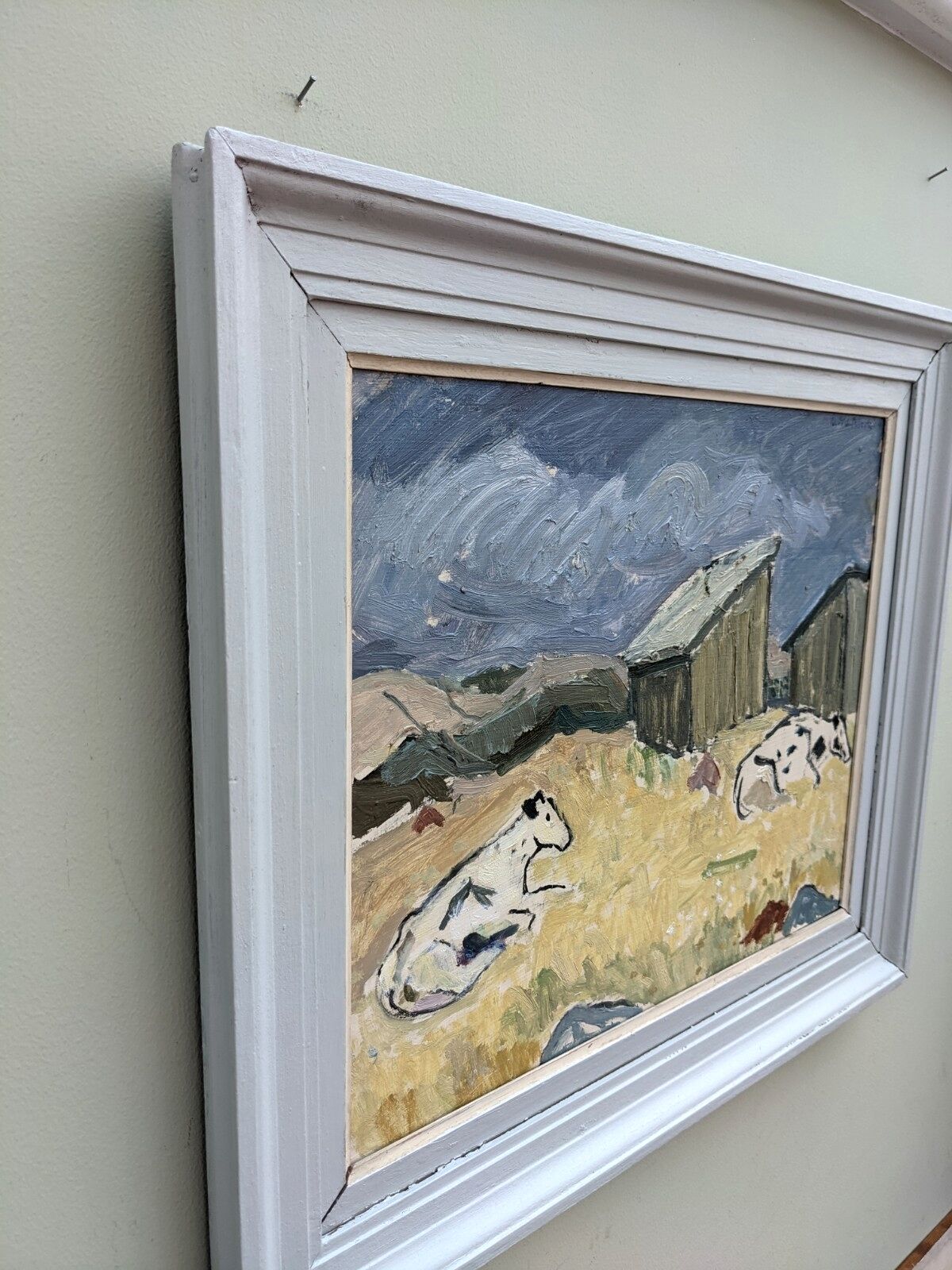 Mid 20th century "before the rain" swedish landscape animal cow oil painting, framed