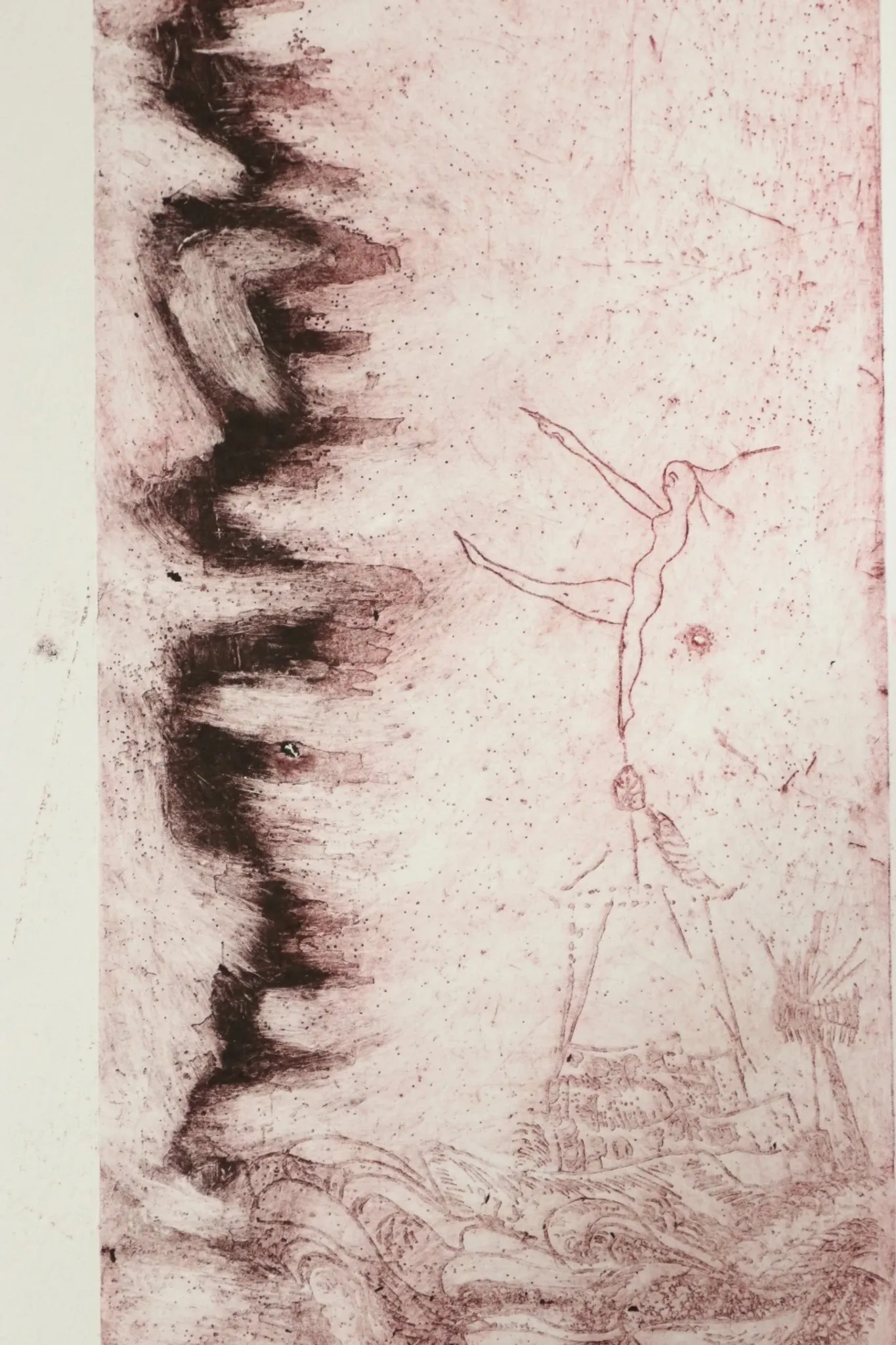 Etching in red – dancer above flames and waves, M. Schneider 1973