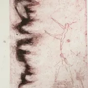 Etching in red – dancer above flames and waves, M. Schneider 1973