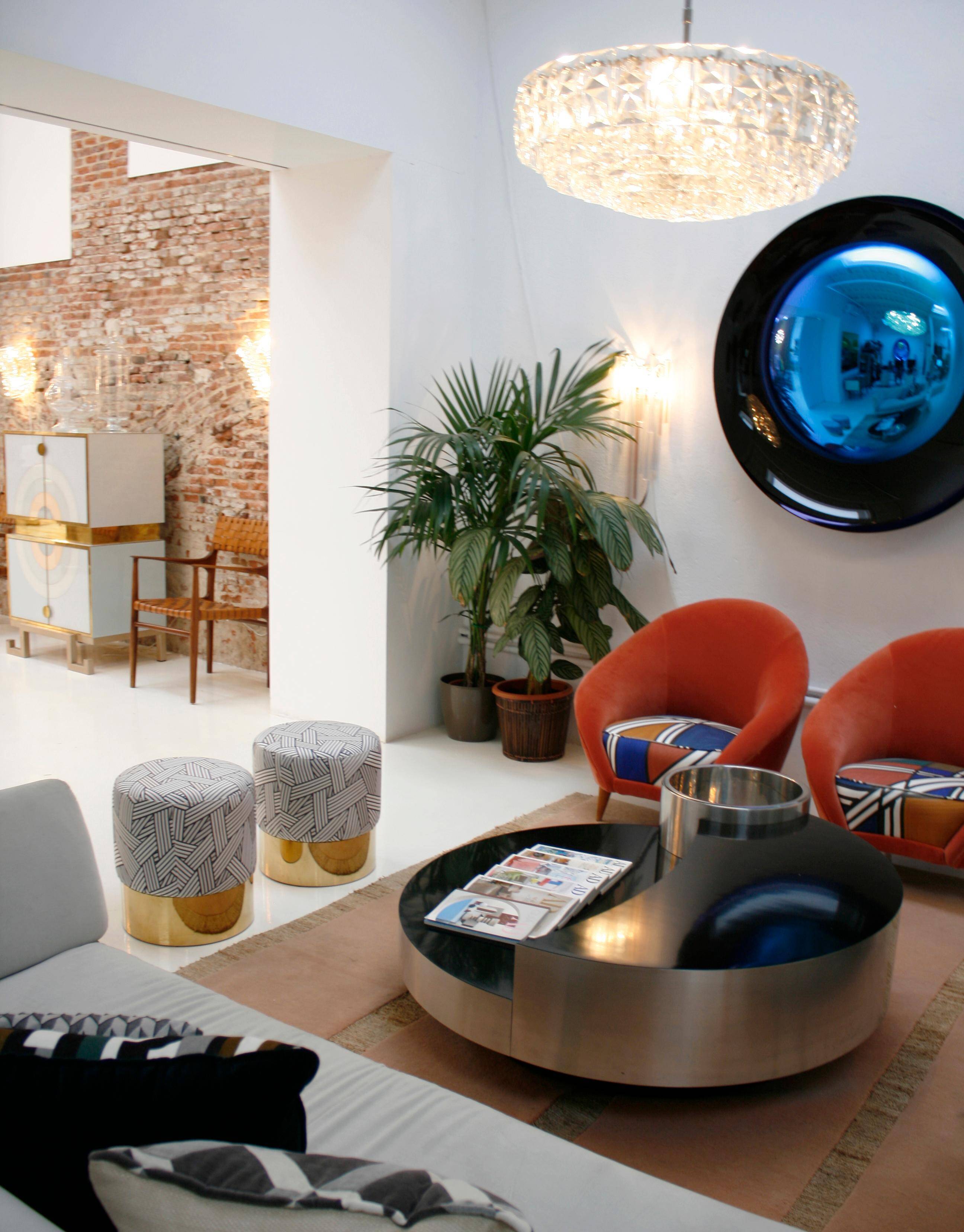 Modern Sculptural Concave Black and Blue Handmade Glass French Mirror