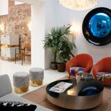 Modern Sculptural Concave Black and Blue Handmade Glass French Mirror