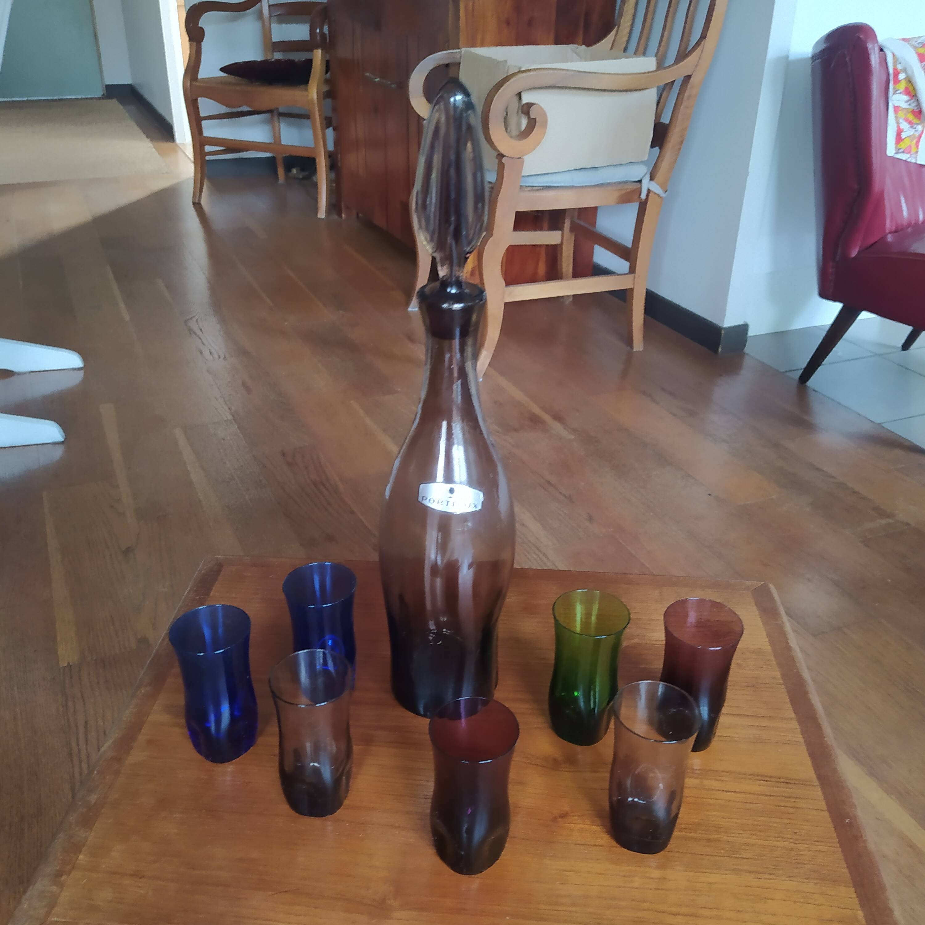 1970 liqueur service tinted glass Verrerie Portieux