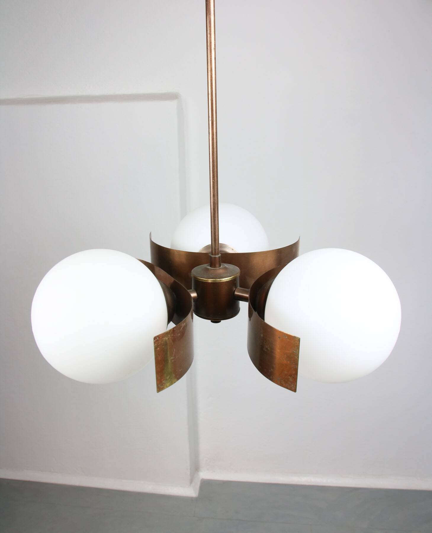 Vintage Italian Copper & Opaline Glass Chandelier