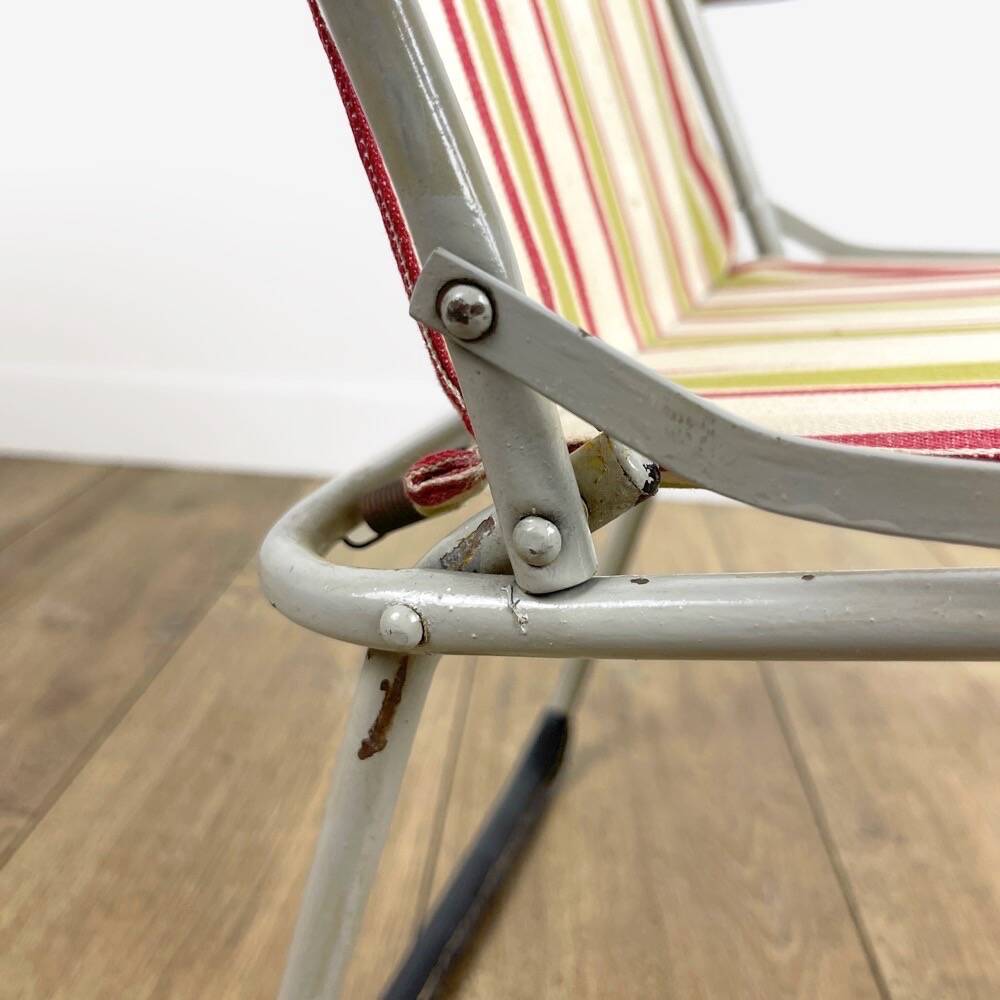 Vintage children's folding armchair in metal and striped canvas