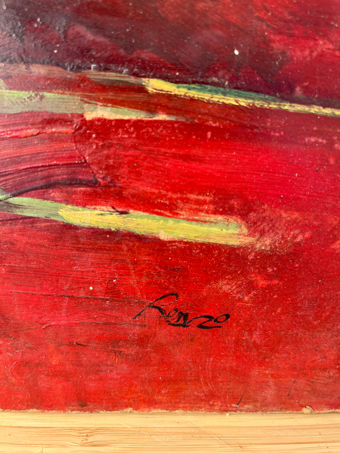 Bouquet of flowers on a red tablecloth, knife on a board, signed Renzo.