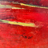 Bouquet of flowers on a red tablecloth, knife on a board, signed Renzo.