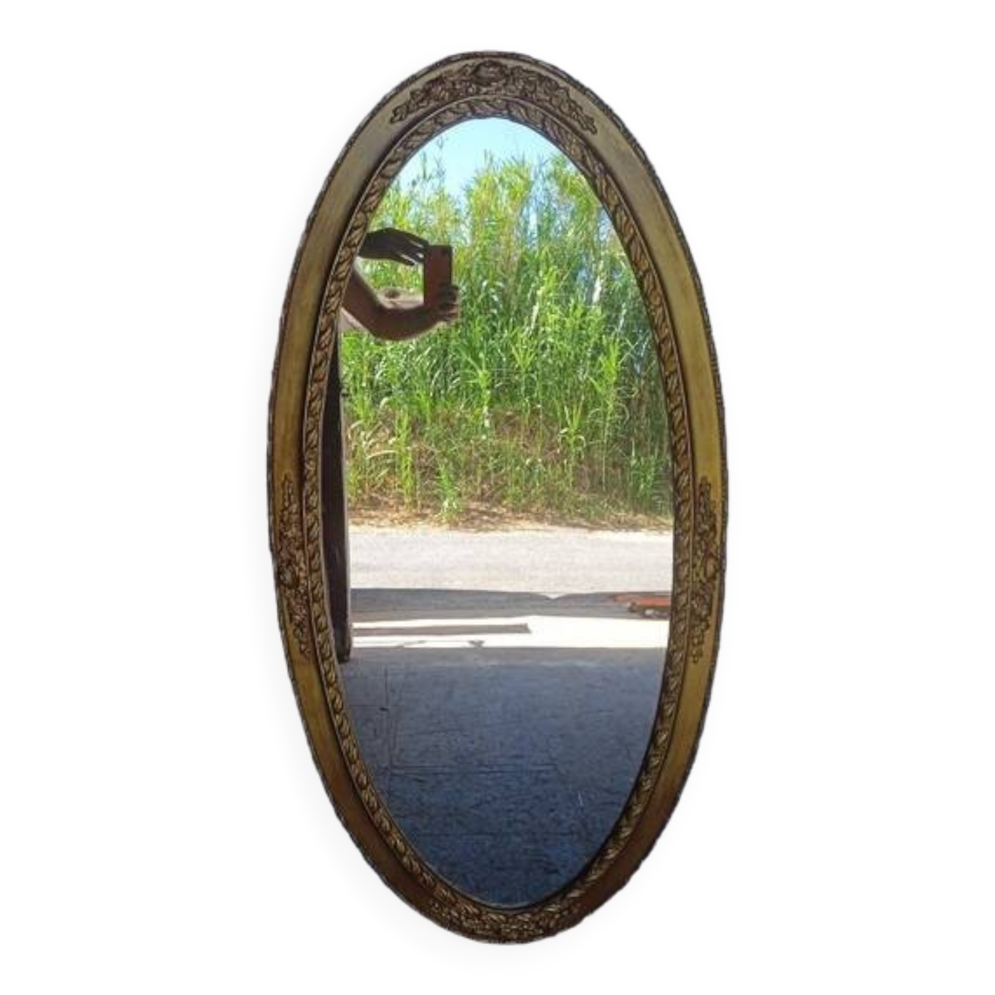 Oval mirror 134cm wood and gilded stucco early 20th century