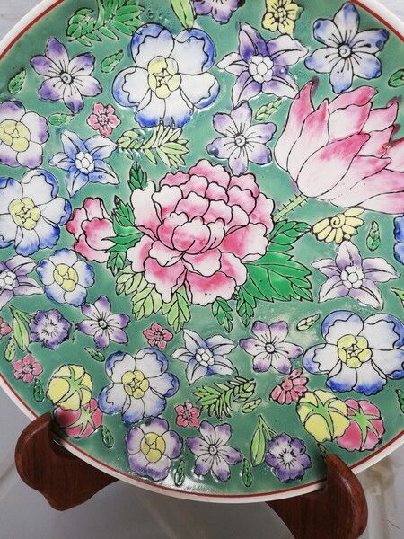 Plate china porcelainE enamelled family pink Lotus + Brand