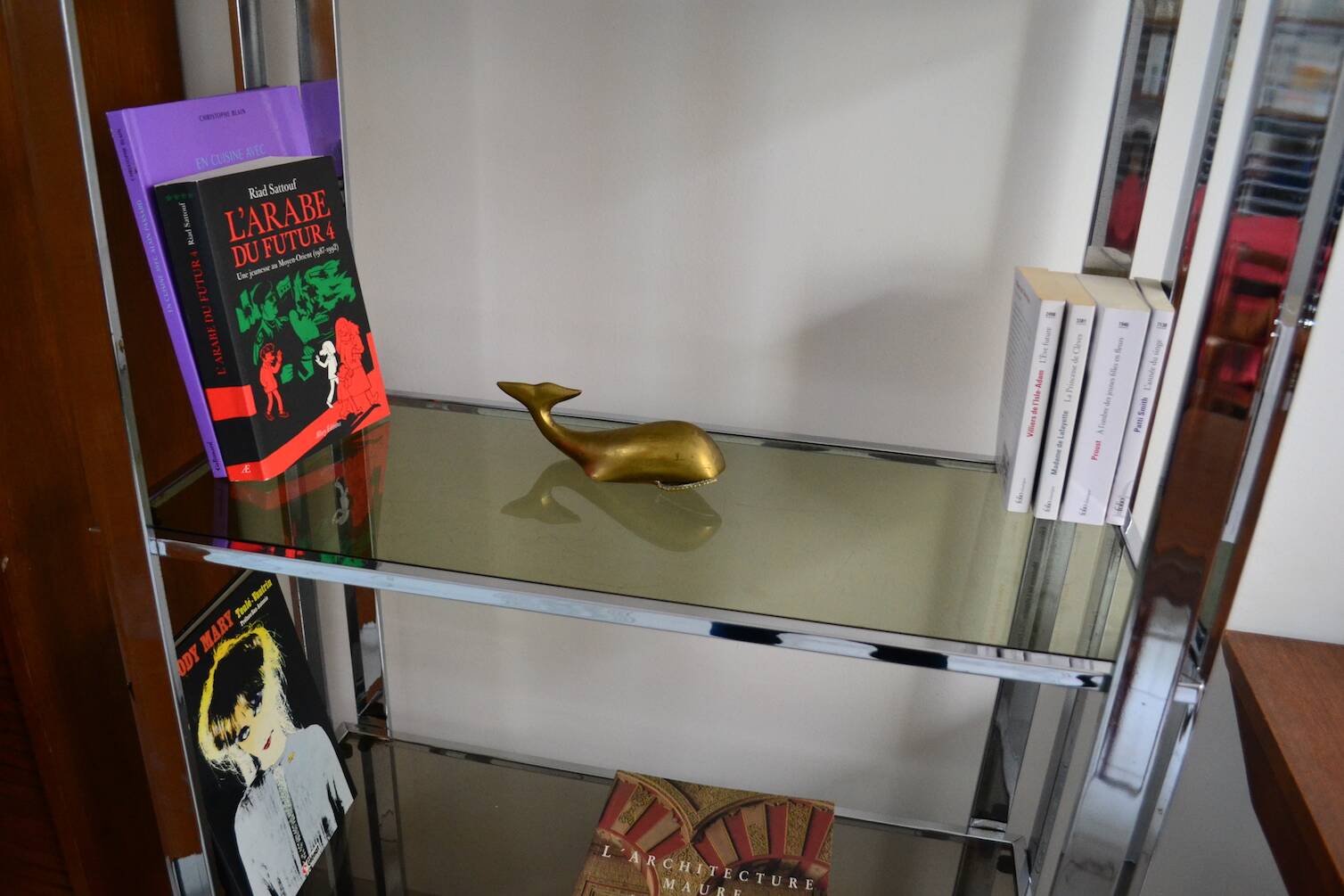 1970s smoked glass chrome bookshelf