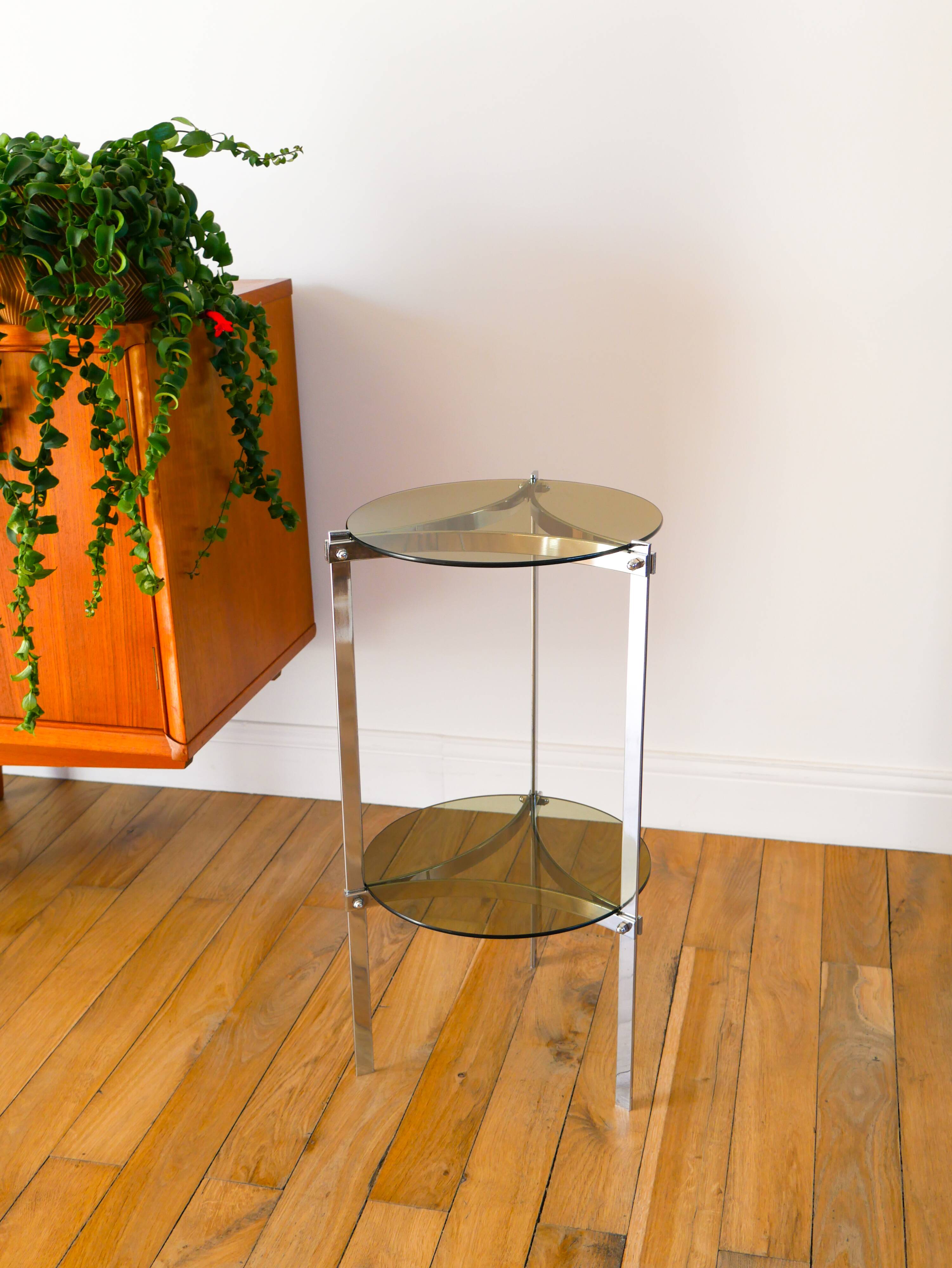 Tripod stand in chrome and smoked glass, double floors, Design, 1970