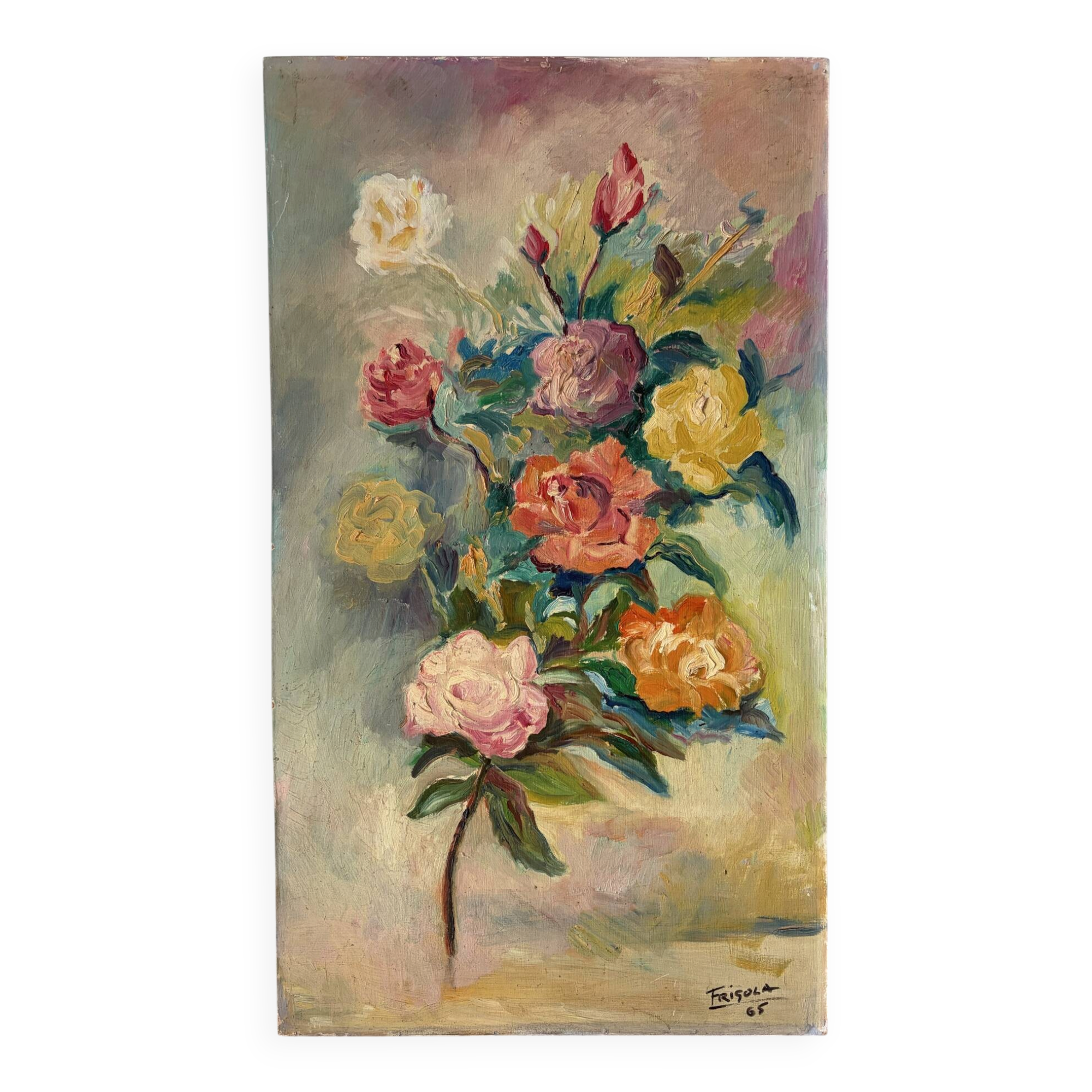 Roses, huile sur panneau signée Frigola 1965