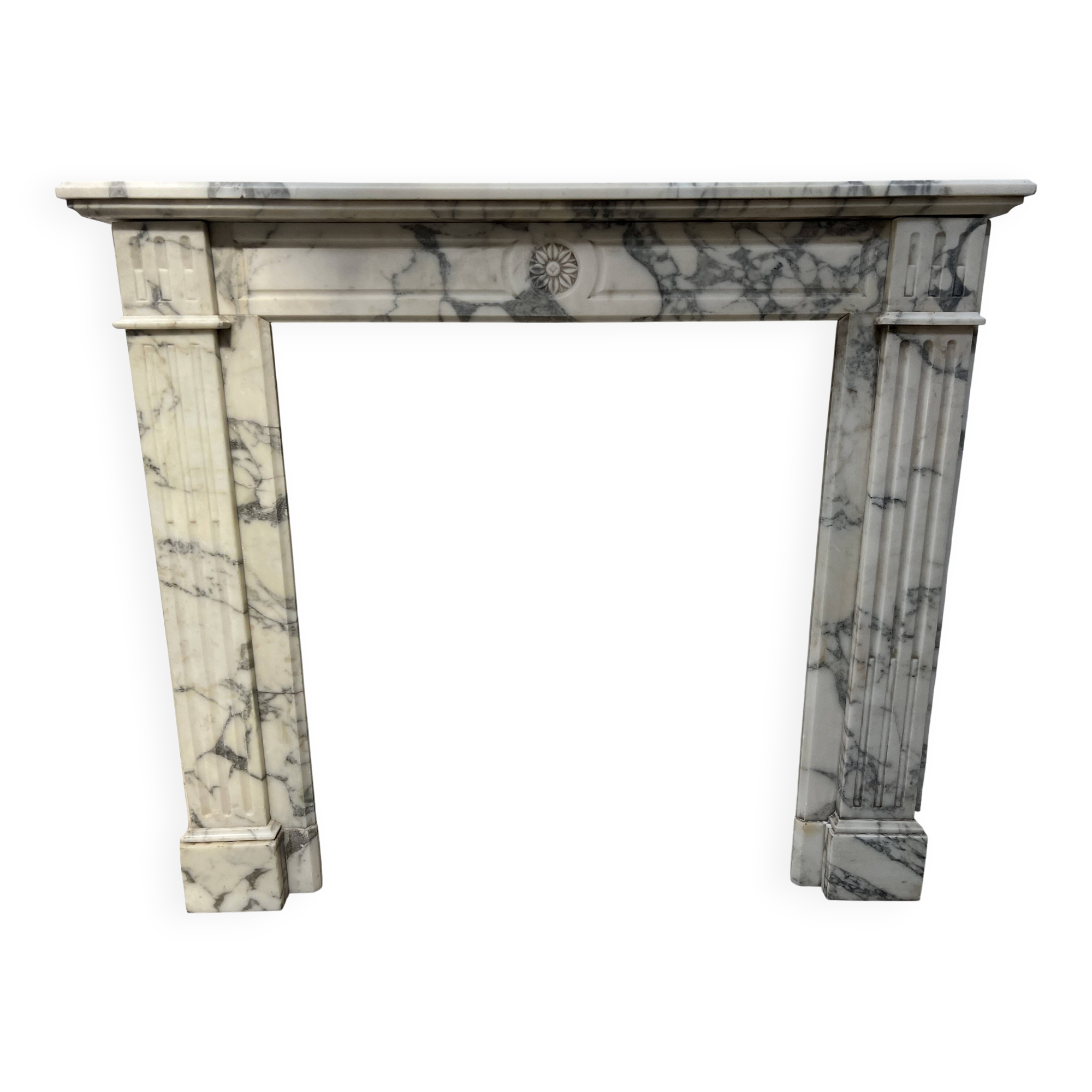 Louis XVI Style White Veined Carrara Marble Fireplace 19th Century