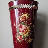 Antique metal umbrella stand with hand-painted floral decor, bohemian countryside