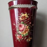Antique metal umbrella stand with hand-painted floral decor, bohemian countryside