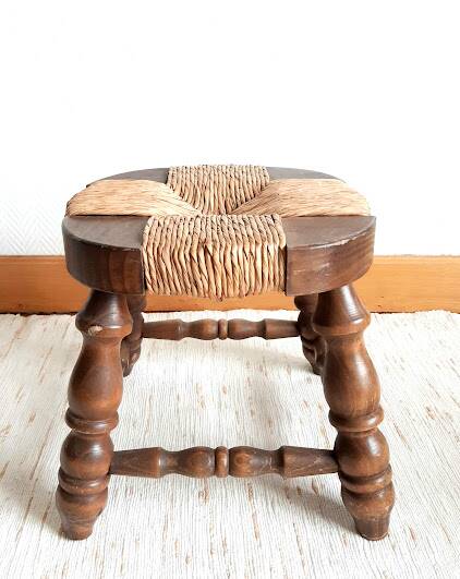 Pair of wood and straw fireplace stools, 1950s