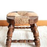 Pair of wood and straw fireplace stools, 1950s