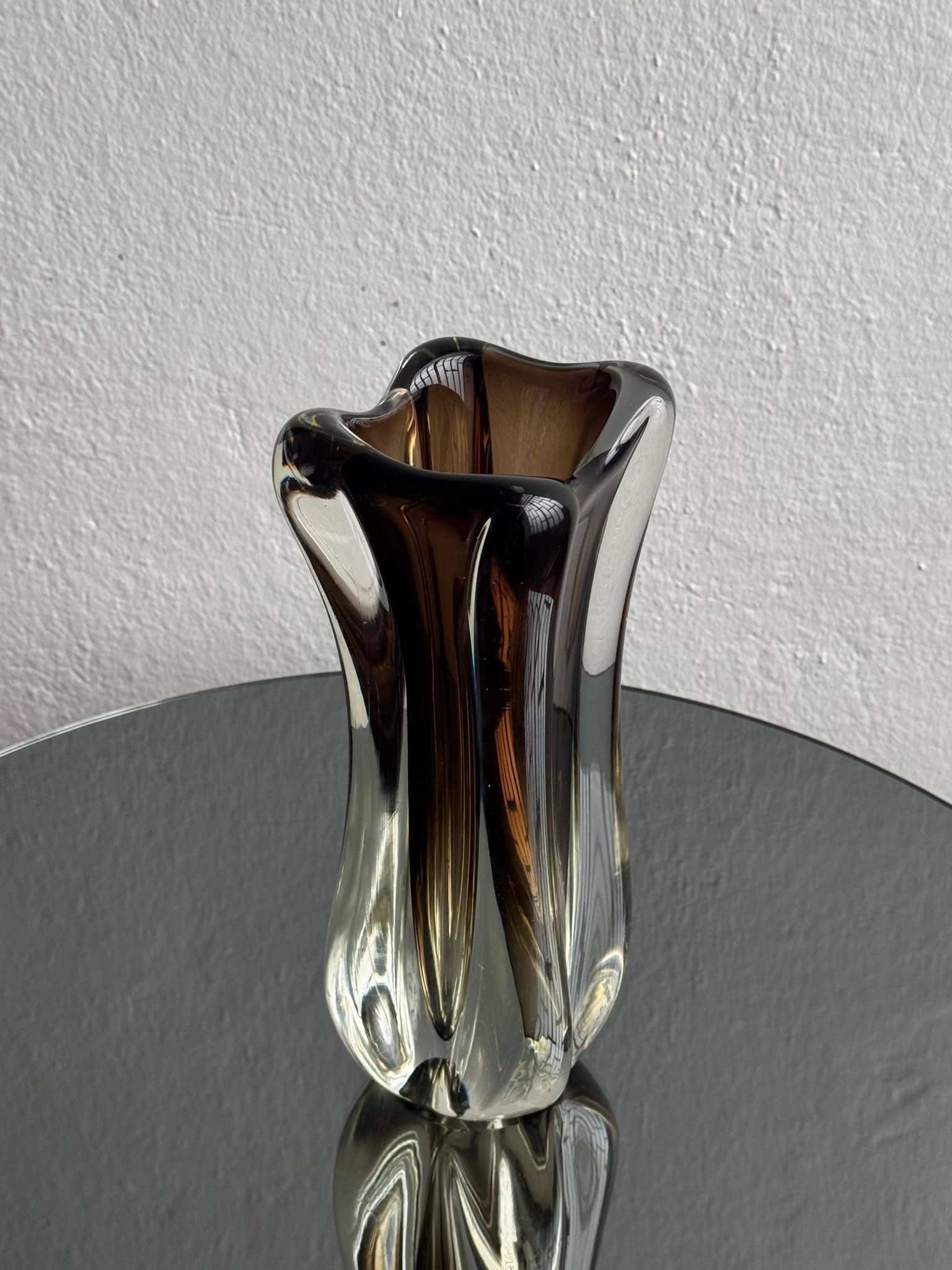 Vintage Murano-Style Art Glass Sommerso Handkerchief Vase, Amber & Clear