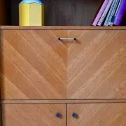 Vintage secretary bookcase from the 50s and 60s, oak with chevron marquetry.
