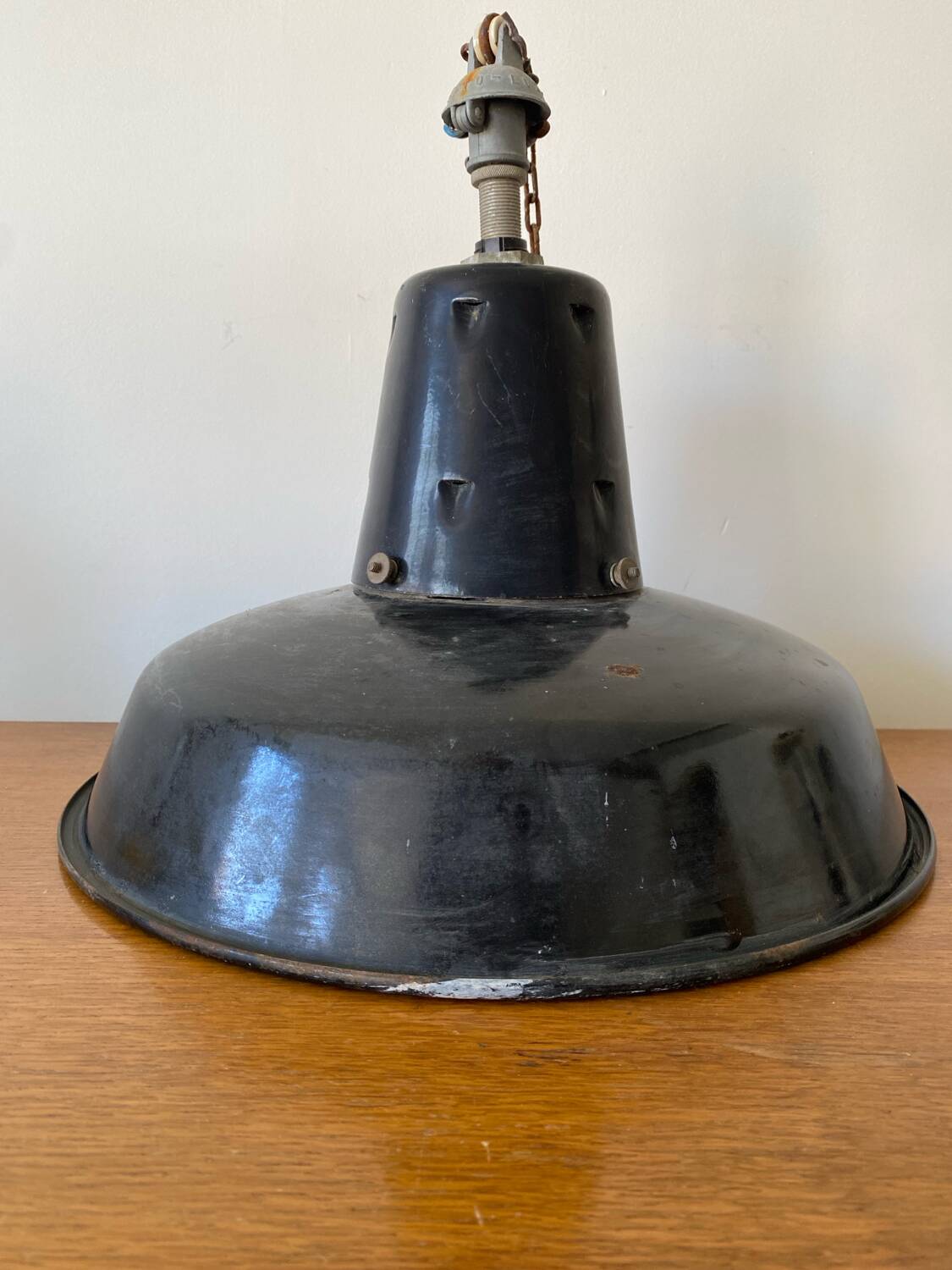 Antique Industrial Pendant Light Blue Enameled Metal White Interior Deco