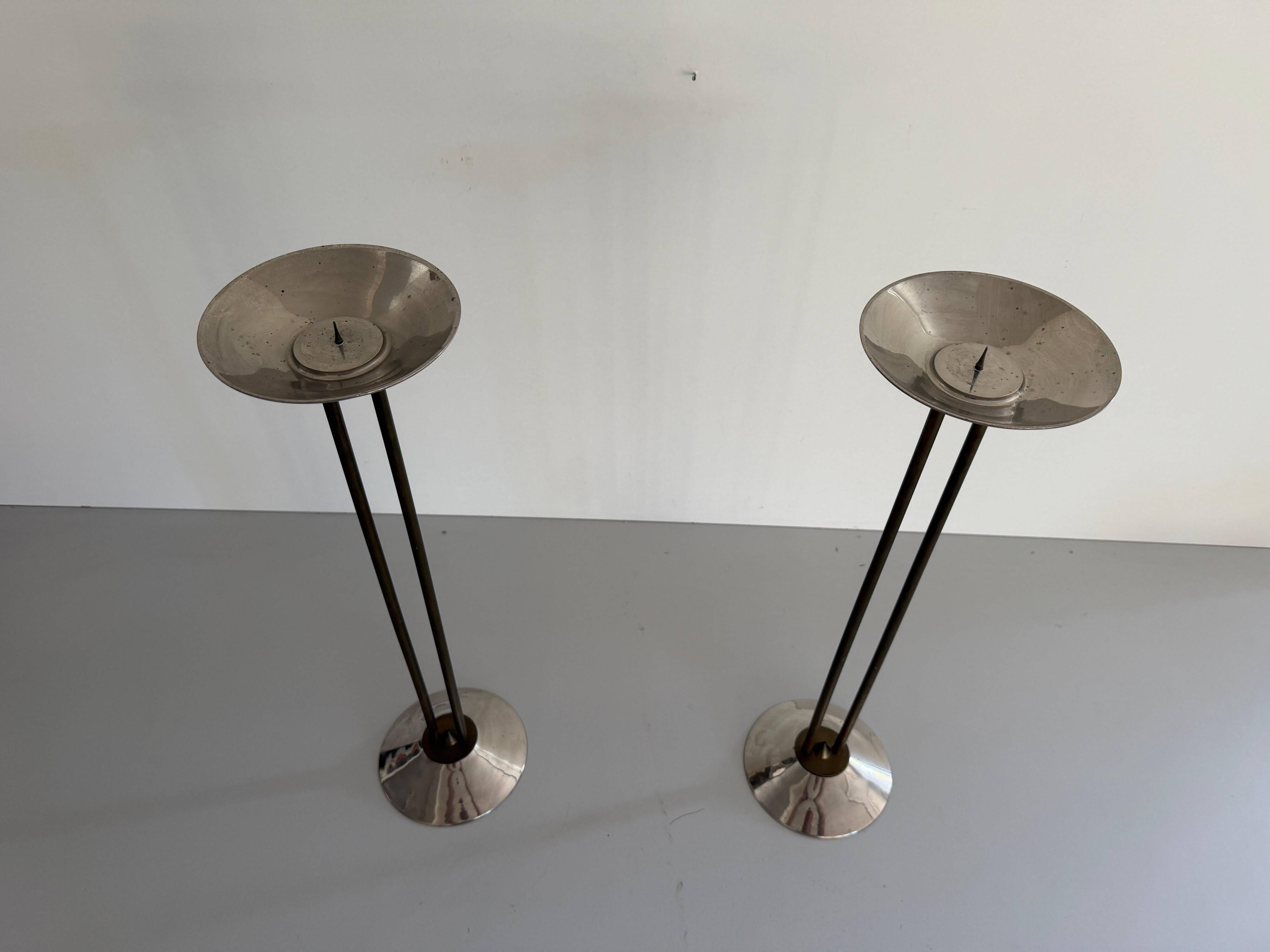 Pair of metal and brass candlesticks, 1960s, Germany