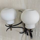 Opaline double globe wall lamp, wrought iron and brass - 50s/60s
