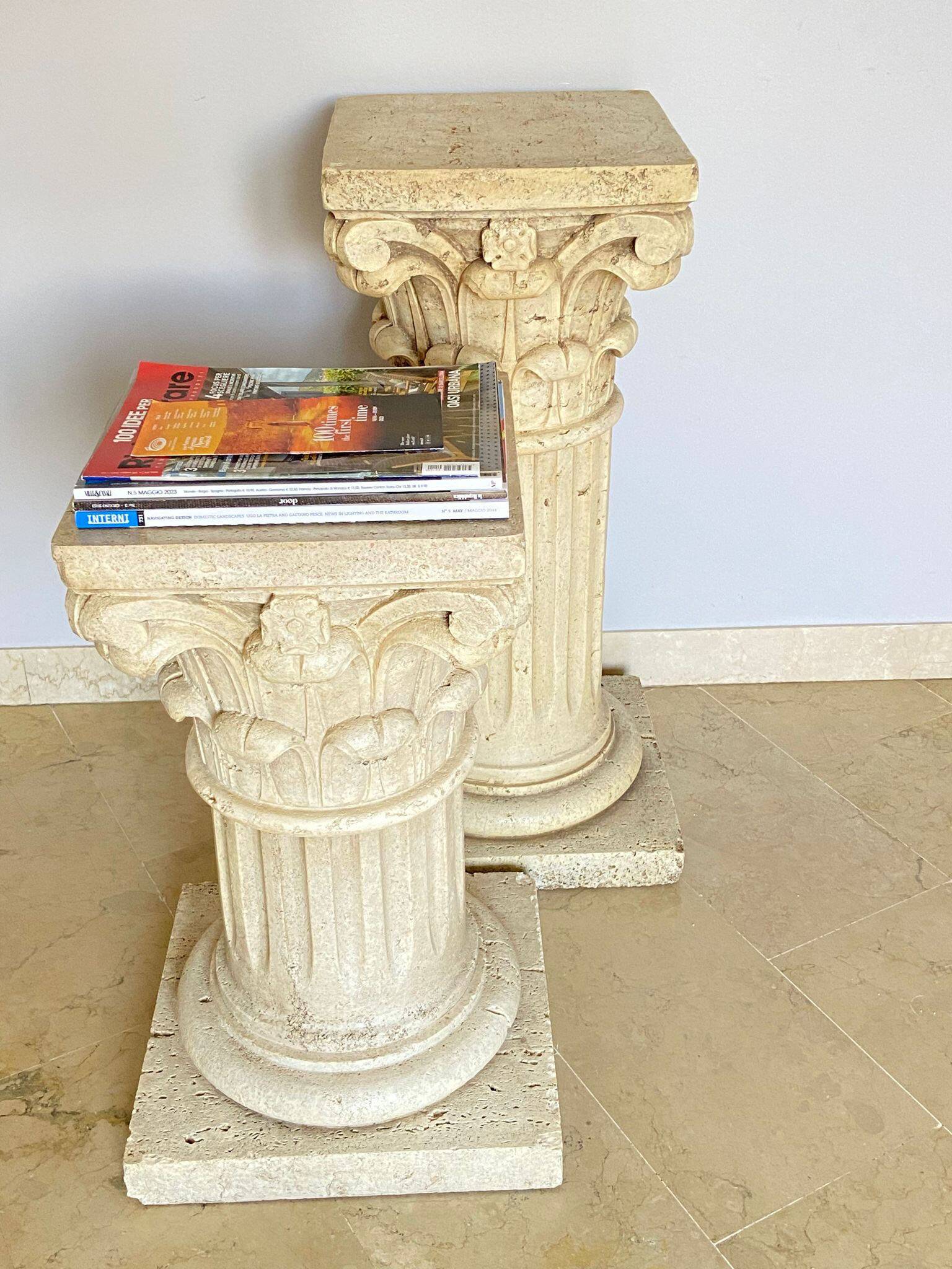 Pair of columns, corinthian style capitals in travertine, italy 1940s