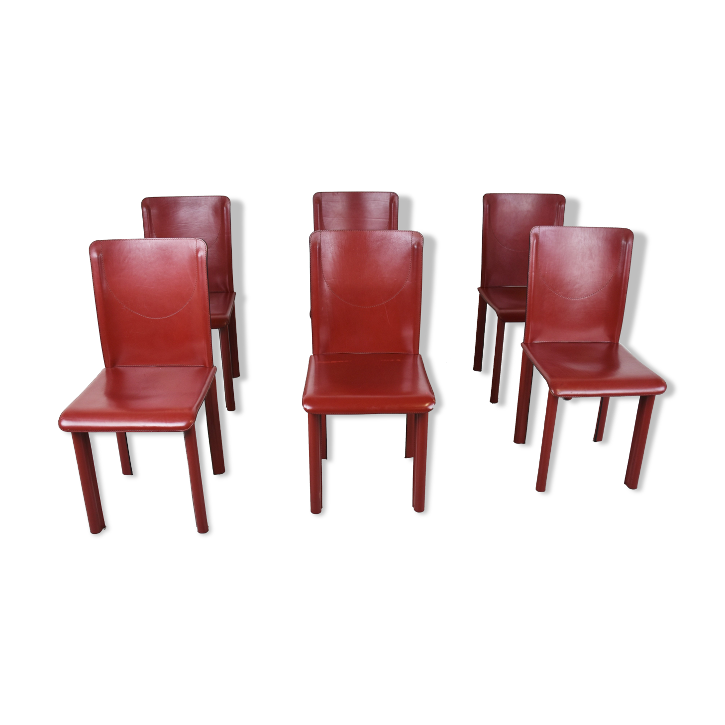 Lot de 6 chaises de salle à manger en cuir rouge fabriquées en Italie, années 1980