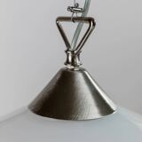 Grand plafonnier vintage en verre de Murano blanc avec bord noir et support en acier inoxydable – lampe suspendue italienne des années 1970