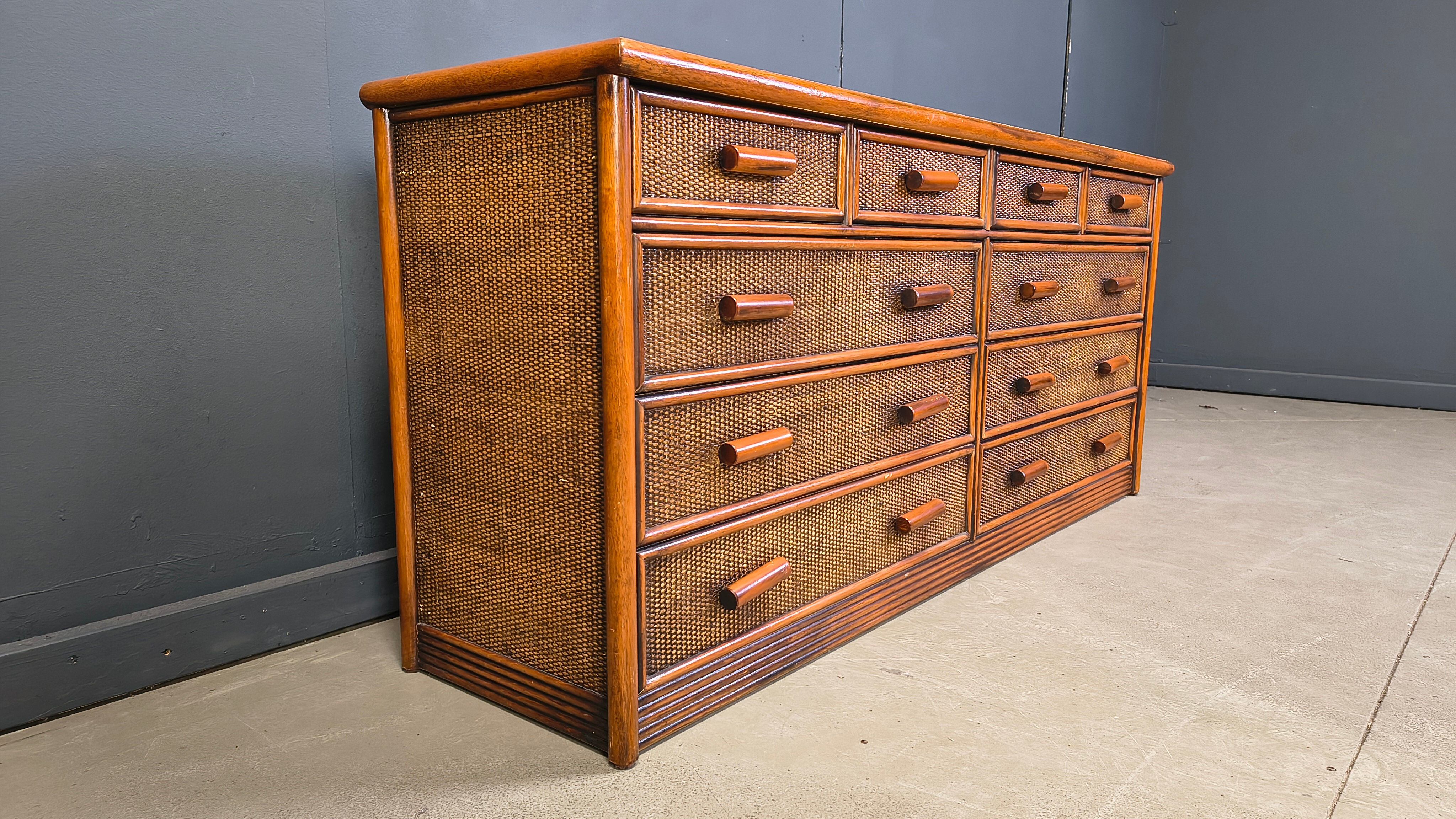 Vintage rattan and bamboo chest of drawers, 1970s